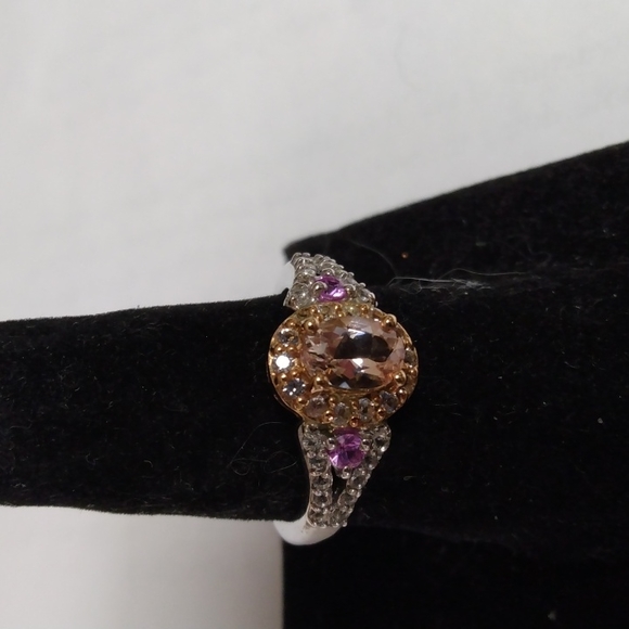 Stamped 10K/.925 Morganite, Sapphire and Diamond Ring. 3.64...